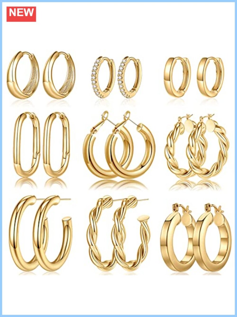 9 Pairs 14K Gold Plated Chunky Hoop Earrings Set Hypoallergenic Lightweight
